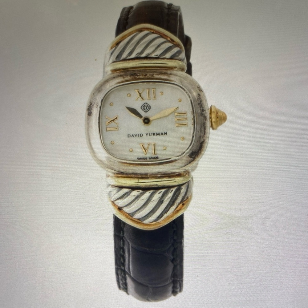 David Yurman Silver and Gold Women's Watch with Black Leather Strap